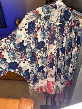 Rachael & Chloe Navy Floral Fringe Kimono with Cream Accents